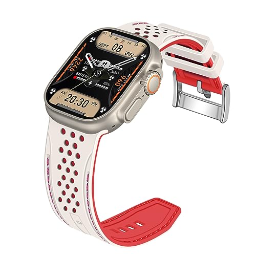 YISIWERA Armbänder Kompatibel mit Apple Watch Armband 42mm 44mm 45mm 49mm Silikon Gummi Watch Bands für iWatch Ultra/Ultra 2 Serie 9/8/7/6/5/4/3/2/1/SE Starlight Oben Rote Unterseite Silberschnalle von YISIWERA