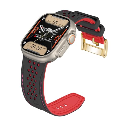 YISIWERA Kompatibel mit Apple Watch Armband 42mm 44mm 45mm 49mm Silikon Gummi Armbänder für iWatch Ultra/Ultra 2/Serie 9/8/7/6//5/4/3/2/1/SE Schwarzes Oberteil Rotes Unten Goldschnalle von YISIWERA