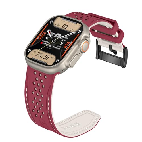YISIWERA Kompatibel mit Apple Watch Armband 42mm 44mm 45mm 49mm Silikon Gummi Armbänder für iWatch Ultra/Ultra 2/Serie 9/8/7/6//5/4/3/2/1/SE Weinrot Oberteil Starlight Unten Schwarzesschnalle von YISIWERA