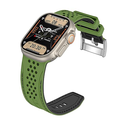 YISIWERA Kompatibel mit Apple Watch Armband 42mm 44mm 45mm 49mm Sport Silikon Kautschuk Ersatzarmband für iWatch Ultra 2 Serie 9 8 7 6 5 4 3 2 1 SE Armeegrün Oben Schwarz Unterseite Schwarz Schnalle von YISIWERA