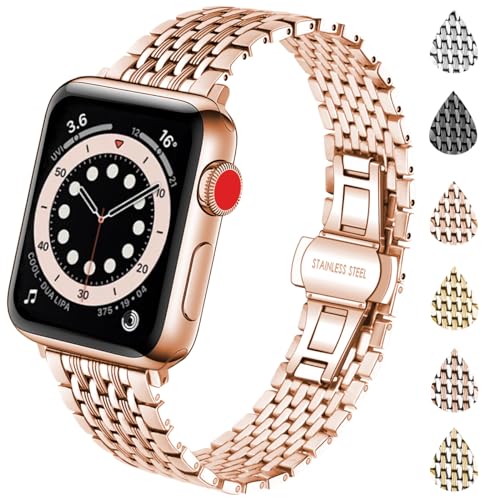 YISIWERA Kompatibel mit Roségold Apple Watch Armband 41mm 40mm 38mm Damen Herren Einstellbar Metall Armbänder aus Edelstahl für iWatch Ultra/Ultra 2 Se 9 8 7 6 5 4 3 2 1 von YISIWERA