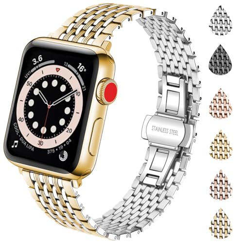 YISIWERA Kompatibel mit Apple Watch Bands für Damen 42mm 44mm 45mm 49mm Fancy Mesh Metall Uhrenarmband Armband für iWatch Serie 9 8 7 6 5 4 3 2 1 Gold-Silber von YISIWERA