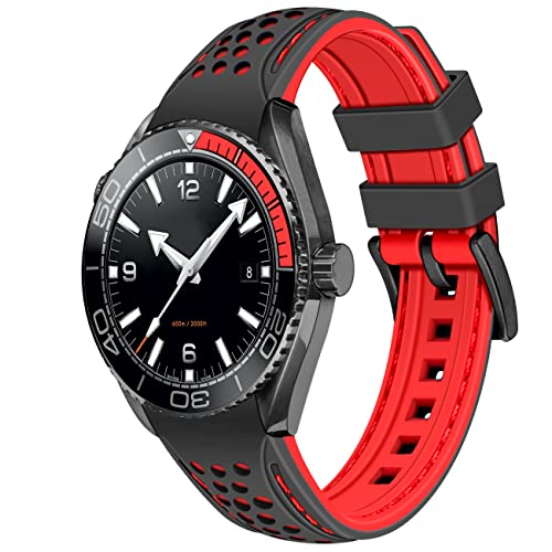 YISIWERA 20mm 22mm Silikon Uhrenarmband Rallye Zweifarbig Schwarz Rot Gebogene Enden Kautschuk Uhrenarmband Edelstahl Schwarz Schnalle Langlebig Universal Stitch Uhrenarmbänder für Männer Frauen von YISIWERA