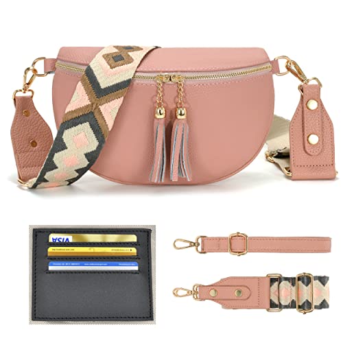 YISUOHOOM Kleine Bauchtasche Damen Stylisch Leder Brusttasche Moderne Taschen Mit Breitem Schultergurt Hüfttasche Rosa Mit 2 Trageriemen，Kreditkartenfach von YISUOHOOM