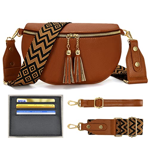 YISUOHOOM Kleine Umhängetasche Damen Leder Crossbody Bag Damen Breiter Gurt Bauchtasche Damen Stylisch Braun Mit 2 Trageriemen，Kreditkartenfac von YISUOHOOM