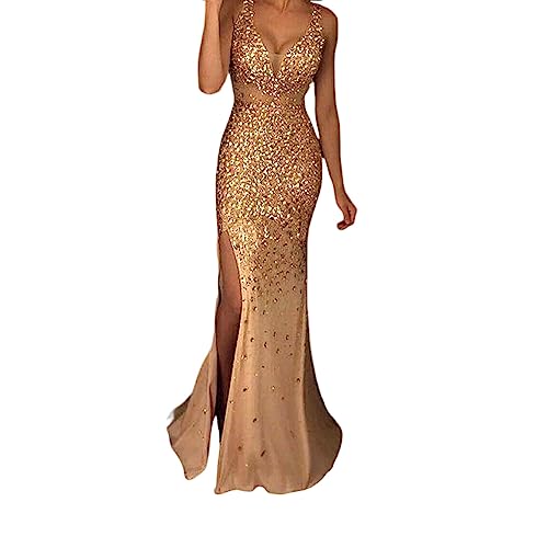 YIUPEDRFG Abendkleid Party Outfit festliche Kleidung V Ausschnitt lang Ball aus Meerjungfrau ärmellos waschbar schön attraktiv, Gold, XXL von YIUPEDRFG