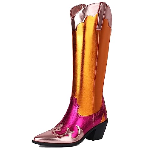 YIYA Damen Cowgirl Cowboy Kniehohe Stiefel mit spitzer Zehenpartie Blockabsatz Westernstiefel Vintage Pull On Tabs Mid Calf Boot Mehrfarbig Metallic Pink und Orange, Orange/Abendrot im Zickzackmuster von YIYA