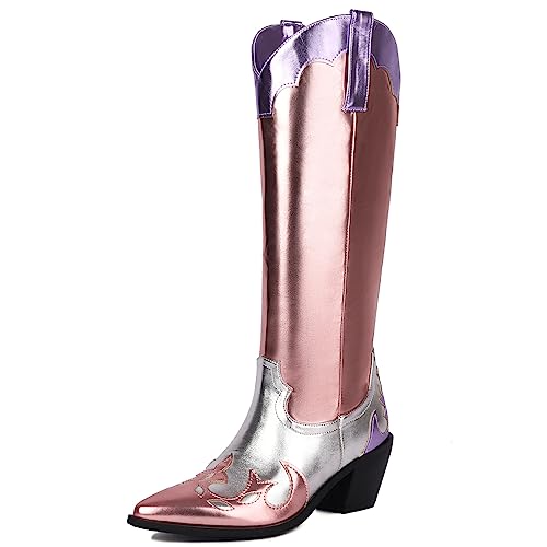 YIYA Damen Cowgirl Cowboy Kniehohe Stiefel mit spitzer Zehenpartie Blockabsatz Westernstiefel Vintage Pull On Tabs Mid Calf Boot Mehrfarbig Metallic Pink und Orange, Pink, 40.5 EU von YIYA