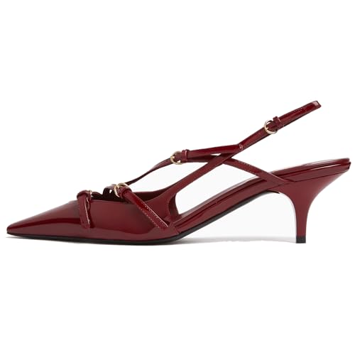 YIYA Damen Kirschrote Absätze für den Herbst, Slingback, geschlossen, spitzer Zehenbereich, Stiletto-High Heels, rückenfrei, Slip-on-Absatz, Herbst-Pumps, Weinrot, 5,3 cm, 40.5 EU von YIYA