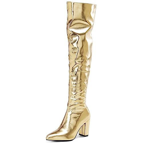 YIYA Damen Metallic Overknee-Stiefel Spitze Zehe Chunky Mid Heel Oberschenkel Hohe Mode Kleid Stiefel Reißverschluss Lange Stiefel, Gold, 39 EU von YIYA