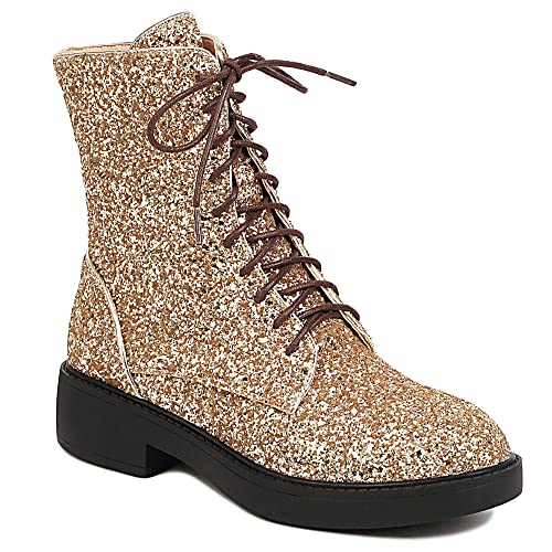 YIYA Damen Kampfstiefel mit Schnürung, Glitzer-Pailletten, runder Zehenbereich, klobiger niedriger Absatz, seitlicher Reißverschluss, glitzernde Stiefeletten, Gold, 35.5 EU von YIYA