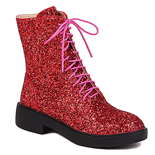 YIYA Damen Schnürschuh Glitzer Pailletten Combat Boots Round Toe Chunky Low Heel Side Zipper Sparkly Ankle Booties, Rot/Ausflug, einfarbig (Getaway Solids), 39 EU von YIYA