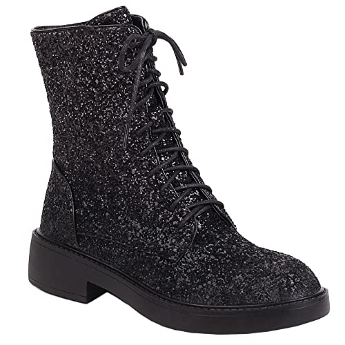 YIYA Damen Schnürschuh Glitzer Pailletten Combat Boots Round Toe Chunky Low Heel Side Zipper Sparkly Ankle Booties, Schwarz, 42 EU von YIYA