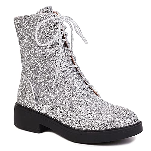 YIYA Damen Kampfstiefel mit Schnürung, Glitzer-Pailletten, runder Zehenbereich, klobiger niedriger Absatz, seitlicher Reißverschluss, glitzernde Stiefeletten, silber, 39 EU von YIYA