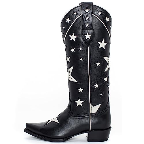 YIYA Damen Star Cowboystiefel Schwarz und Weiß Cowgirl Stiefel mit weißen Sternen Spitze Zehen Chunky Low Heel Pull-On Wide Calf Western Embroidered Boots, Sternschwarz, 40.5 EU von YIYA