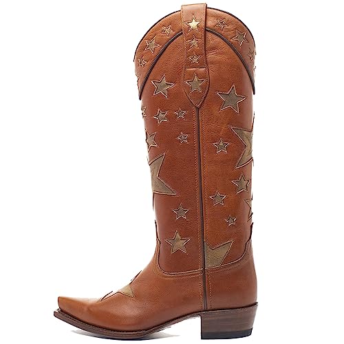 YIYA Damen Star Cowboystiefel Schwarz und Weiß Cowgirl-Stiefel mit weißen Sternen spitzer Zehenpartie Chunky Low Heel Pull-on Wide Calf Western Embroidered Boots, Sternbraun, 37 EU von YIYA