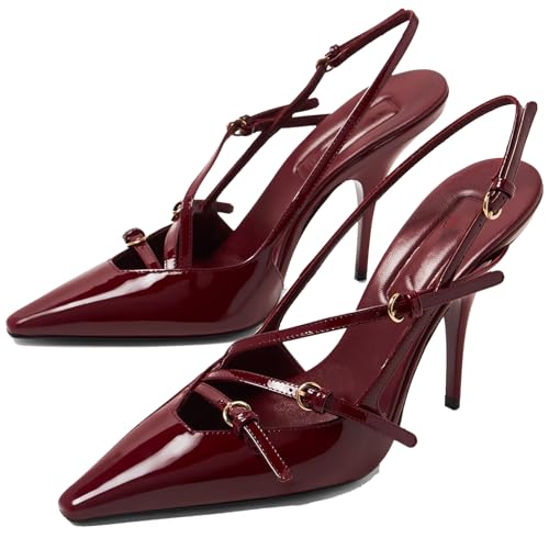 YIYA Kirschrote Slingback-Absatz-Pumps für Damen, mit Schnallenriemen, geschlossen, spitzer Zehenbereich, Stiletto-High Heels, rückenfrei, zum Reinschlüpfen, Partykleid, Absatz-Sandalen, Weinrot 2, 38 von YIYA