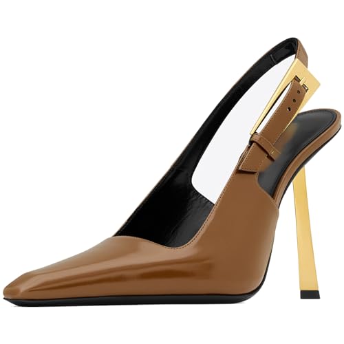 YIYA Slingback-Pumps für Damen, mit Schnallenriemen, Slipper, geschlossen, spitzer Zehenbereich, Stiletto, hoher Absatz, Hochzeit, Party, lässiges Kleid, rückenfreie Pantoletten, Sandalen, gelb, 38 EU von YIYA