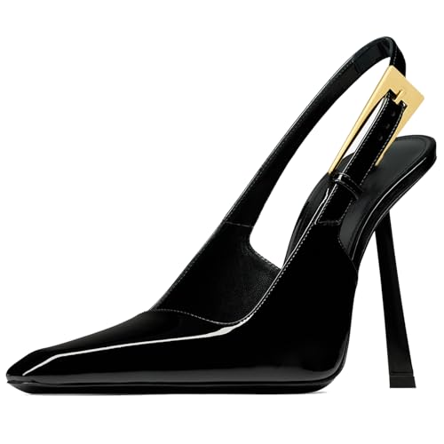 YIYA Slingback-Pumps für Damen, mit Schnallenriemen, Slipper, geschlossener spitzer Zehenbereich, Stiletto, hoher Absatz, Hochzeit, Party, Freizeitkleid, rückenfrei, Pantoletten, Schwarz, 38 EU von YIYA