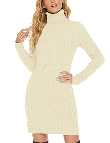 QUNERY Damen Pullover Kleid Elegant Strickkleid Casual Langarm Winterkleid Einfarbig Rollkragen High Stretch Jumper für Winter A-Aprikose S von QUNERY