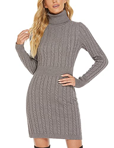 QUNERY Damen Pullover Kleid Elegant Strickkleid Casual Langarm Winterkleid Einfarbig Rollkragen High Stretch Jumper für Winter A-Grau L von QUNERY