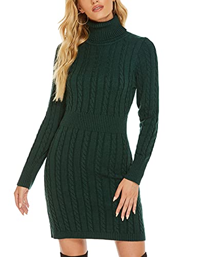 QUNERY Damen Pullover Kleid Elegant Strickkleid Casual Langarm Winterkleid Einfarbig Rollkragen High Stretch Jumper für Winter A-Grün XL von QUNERY