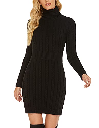 QUNERY Damen Pullover Kleid Elegant Strickkleid Casual Langarm Winterkleid Einfarbig Rollkragen High Stretch Jumper für Winter A-Schwarz L von QUNERY