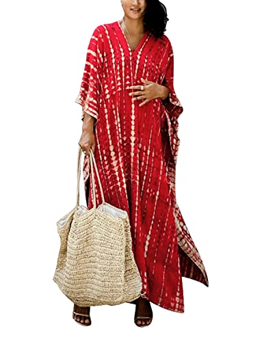 QUNERY Damen Strandkleid Elegante Lange Bikini Cover Ups Strandponcho Druck Lose Kaftan Smock Sommer Maxikleid (Rot) von QUNERY