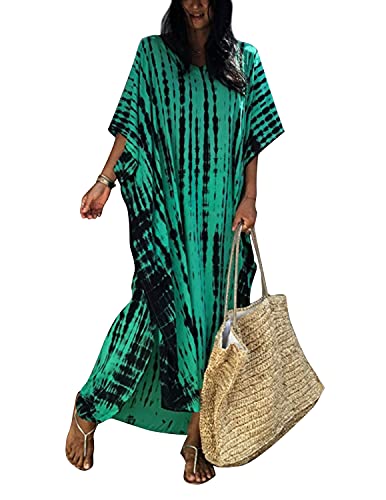 QUNERY Damen Strandkleid Elegante Lange Bikini Cover Ups Strandponcho Druck Lose Kaftan Smock Sommer Maxikleid (Dunkelgrün) von QUNERY