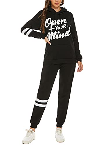 QUNERY Damen Trainingsanzug Elegant Jogginganzug Brief Sportanzug Hausanzug Tracksuit Mode Outfit Trainingjacke+Hose für Sport und Freizeit A-Schwarz L von QUNERY