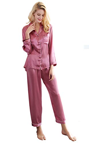 YIYUAN Damen Lang Pyjama Sets, 100% Maulbeerseide Nachtwäsche,Langarm,16.5 Momme Seide Hausanzug (as3, Alpha, s, Regular, Regular, Rosa) von YIYUAN