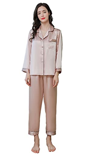 YIYUAN Damen Lang Pyjama Sets, 100% Maulbeerseide Nachtwäsche,Langarm,16.5 Momme Seide Hausanzug (as3, Alpha, x_l, Regular, Regular, Champagner) von YIYUAN