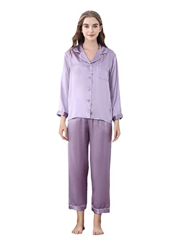 YIYUAN Damen Lang Pyjama Sets, 100% Maulbeerseide Nachtwäsche,Langarm,16.5 Momme Seide Hausanzug (as3, Alpha, x_l, Regular, Regular, Taro lila) von YIYUAN