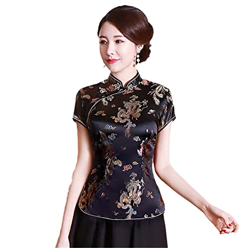 YIZHIWANG Vintage-Blumen-Frauen-chinesisches traditionelles Satin-Sommer-Hemd-Neuheit-Drache-Kleidungs-Oberseiten-Neuheit-Kleidung A0017 Black M von YIZHIWANG