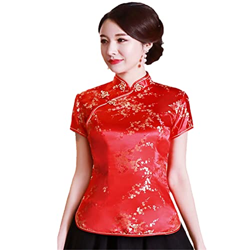 YIZHIWANG Vintage-Blumen-Frauen-chinesisches traditionelles Satin-Sommer-Hemd-Neuheit-Drache-Kleidungs-Oberseiten-Neuheit-Kleidung A0029 red L von YIZHIWANG