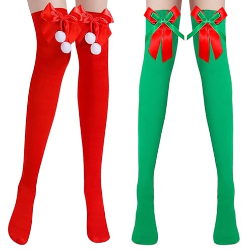 Weihnachtliche Kniestrümpfe, 2 Paar Kniestrümpfe Damen, Lange Socken Damen Overknee, Grün und Rot, Oberschenkel Hohe Socken mit Bogen und Flauschigen Bällen für Frauen Mädchen Weihnachtsfeier von YIZHIXIANGQ