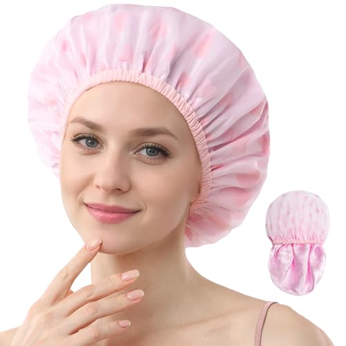 YIZIJIZI Duschhaube, Duschhauben für Damen, wiederverwendbar, wasserdicht, mit weichem Satin-Futter, ideal für alle Haartypen: glatt, lockig, lang und geflochten (rosa Herz) von YIZIJIZI