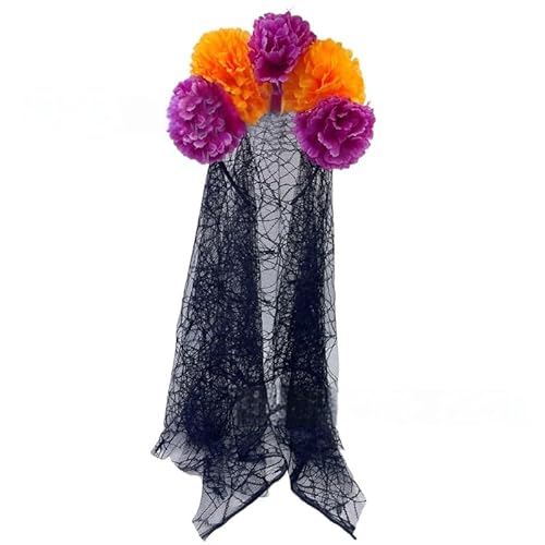 Auffälliges Halloween-Kostüm-Zubehör, verstellbares Blumen-Stirnband und weicher schwarzer Umhang, Kopfschmuck für Damen von YIZITU