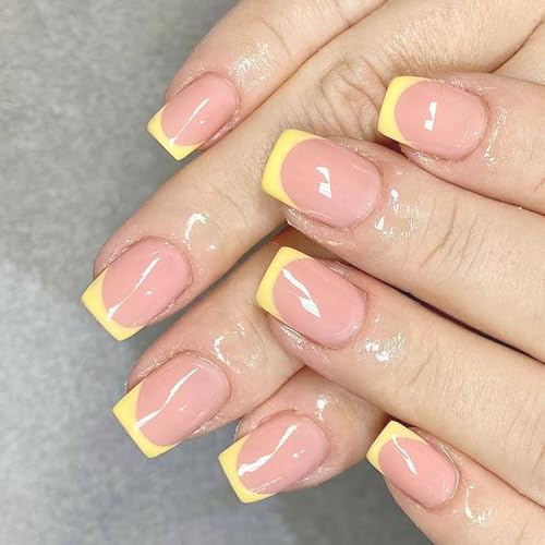 Drücken Sie Auf Nägel Gelbe Gefälschte Nägel Square Französische Spitzen Abdeckungen Fehl Mit Designs 24 Stcs Haft Für Frauen Glänzende Klebstoff Nagel von YIZITU