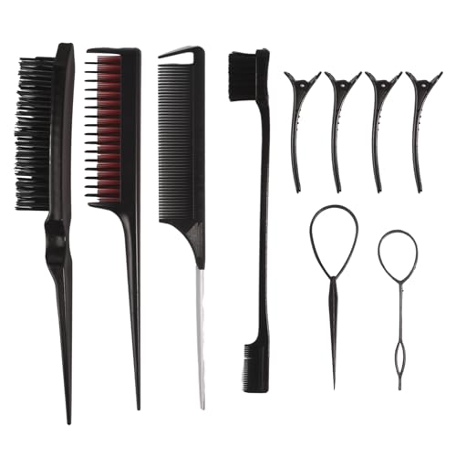 Haarstyling-Kamm-Set, Teasing-Haarbürste, Schwanzkämme, Kantenbürste, Haarschwanz-Werkzeug, Zopfwerkzeug mit Haarspangen, Haarstyling-Kamm-Set, Schwanzkamm mit Clips, Kantenbürste für Frauen und von YIZITU