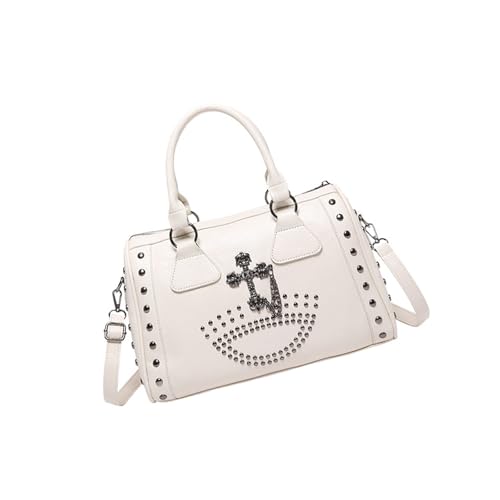 Handtasche mit Nieten und Totenkopf-Motiv, Punk-Stil, Schultertasche, großes Fassungsvermögen, bunte Mädchen-Handtasche, leicht zu tragen, für Damen, Arzttasche mit Nieten, weiß, One Size von YIZITU