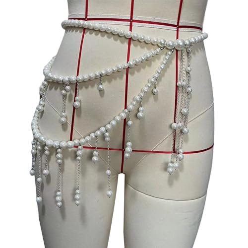 Mehrschichtige Langzeitimitation Perlen Taillenkettengürtel Mit Quasten Frauen Elegantes Körperkettenzubehör Für Kleider Und Pullover Handgefertigter Perlengürtel von YIZITU