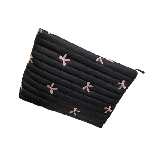 Robuste, gesteppte Reise-Kulturbeutel, bestickter Akzent, geräumiger Innenbereich, Kosmetik-Organizer, Damen-Make-up-Tasche, Schwarz von YIZITU