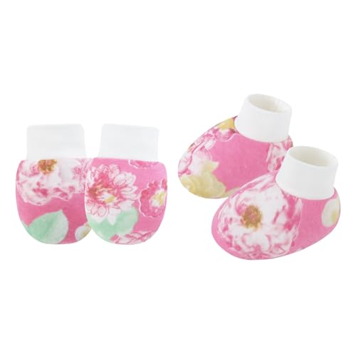YIZITU 1 Set Baby Handschuhe & Socken Fußabdeckungen Set für Neugeborene bis 6 Monate mit Cartoon-Muster Sanfter Baumwollstoff Neugeborene Fäustlinge, Rosenroter Chrysanthem, Einheitsgröße von YIZITU