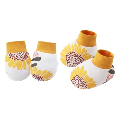 YIZITU 1 Set Baby Handschuhe & Socken Fußabdeckungen Set für Neugeborene bis 6 Monate mit Cartoon-Muster Sanfter Baumwollstoff Neugeborene Fäustlinge, Sonnenblumenmuster, Einheitsgröße von YIZITU