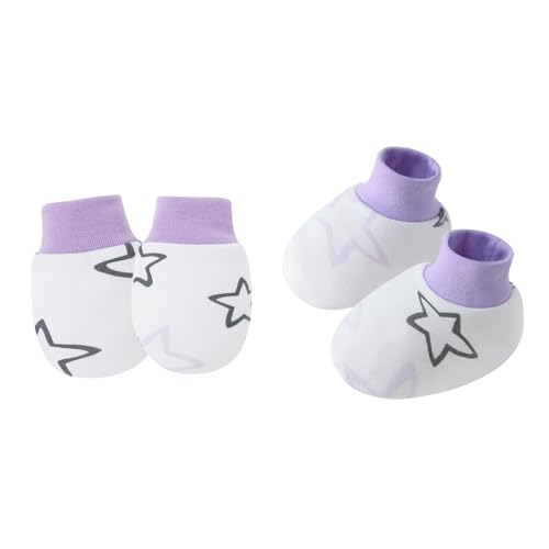 YIZITU 1 Set Baby Handschuhe & Socken Fußabdeckungen Set für Neugeborene bis 6 Monate mit Cartoon-Muster Sanfter Baumwollstoff Neugeborene Fäustlinge, Violette Sterne, Einheitsgröße von YIZITU
