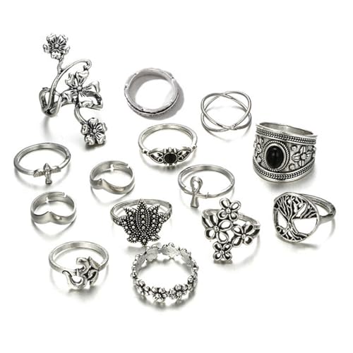 YIZITU 14pcs Vintage Silber Blumenfinger Multi Stile Knöchel Stapelring Set Für Jubiläum Valentinstag Weihnachten Gold Hoop Ohrringe Für Womenchoker Halsketten Frauen von YIZITU