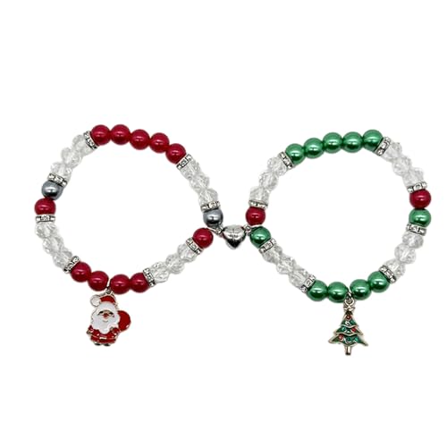 YIZITU 2pcs/Set Magnetisches Herzpaar Armband Weihnachtsbaum Santa Anhänger Perlen Armbänder Für Frauen Männer Freunde Neujahr Weihnachtsarmband von YIZITU