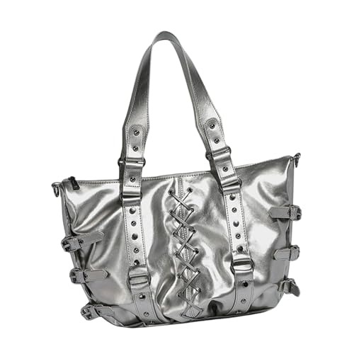 YIZITU Ästhetische Motorrad-Schultertasche mit großer Kapazität, PU-Leder, Punk-Nieten, Kreuze, Bandage, Krawatten, Unterarm-Handtasche für Damen, Pendler, Schultertasche, silber, One Size YIZITU Ästhetische Motorrad-Schultertasche mit großer Kapazität, PU-Leder, Punk-Nieten, Kreuze, Bandage, Krawatten, Unterarm-Handtasche für Damen, Pendler, Schultertasche, silber, One Size von YIZITU