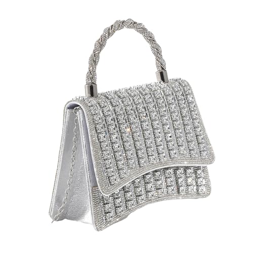 YIZITU Anspruchsvolle formelle Handtasche für Bankette Hochzeiten Damen Abend Clutches Tasche Strass Crossbody Kette Geldbörse Strass Verzierte Handtasche, silber, One Size von YIZITU